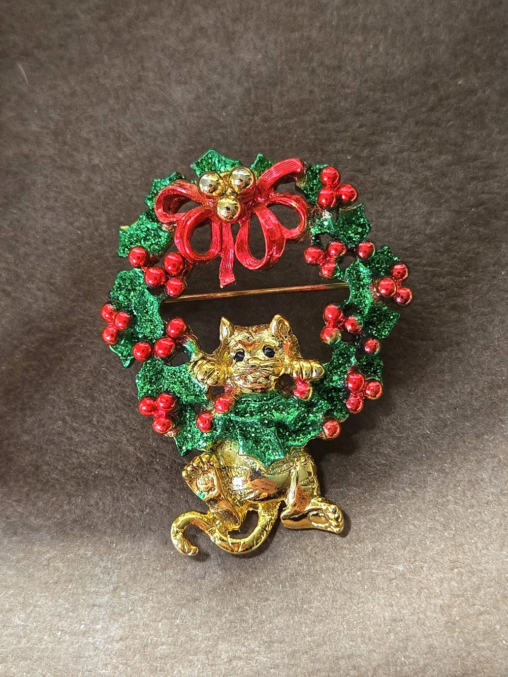 AJC Gold Cat Wreath Holiday Brooch - Green and Red Enamel